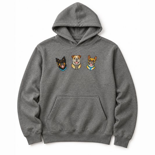 Hoodie Personalizado · 3 Retratos de Mascota Bordados