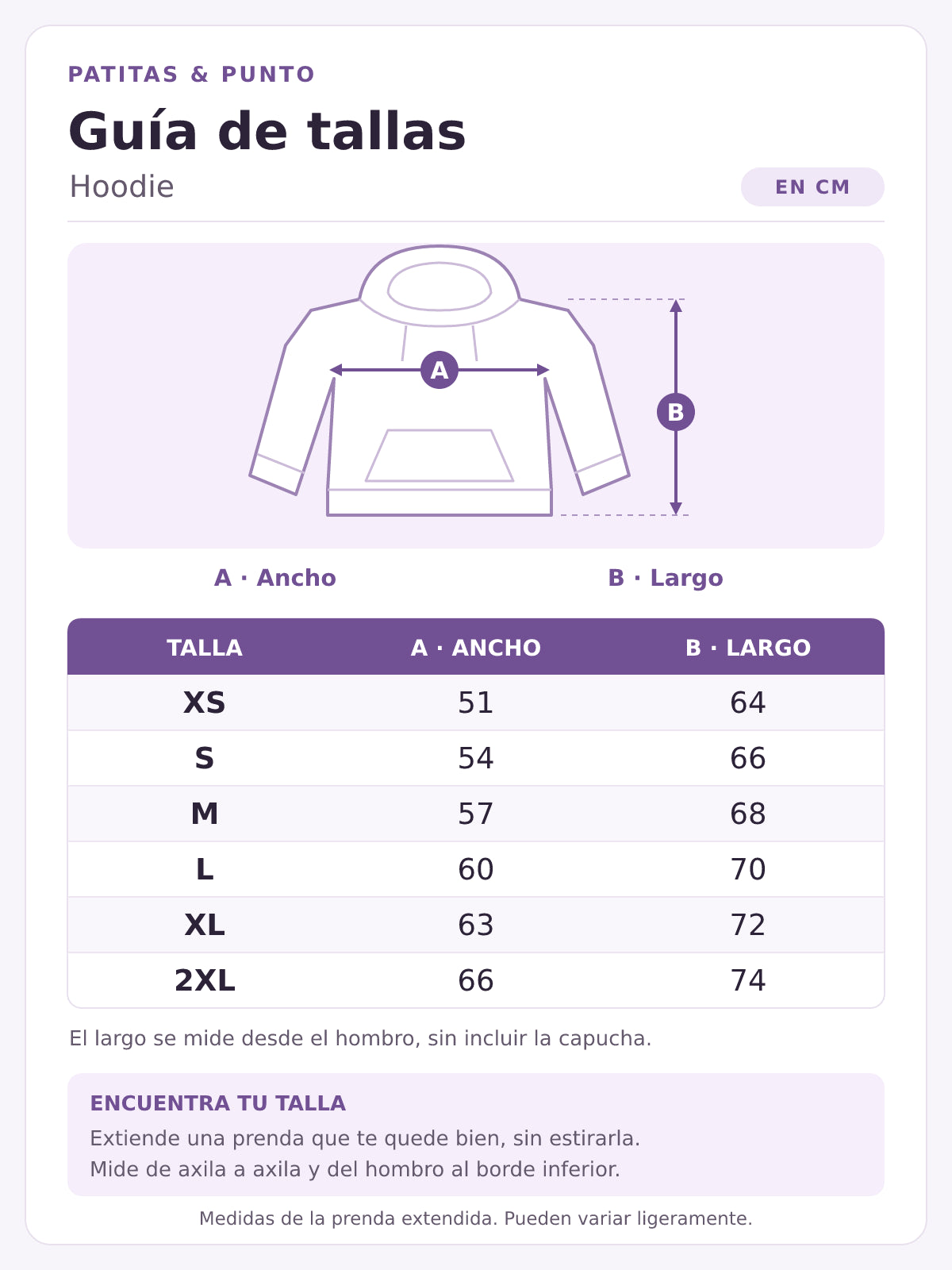 Guía de tallas de Polerón con capucha. Ancho y largo de la prenda extendida, en centímetros, desde XS a 2XL.